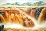 新中式手绘油画黄河壶口瀑布背景