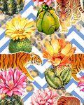手绘热带植物仙人球花老虎图案