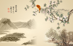 中式荷香水榭背景墙壁画
