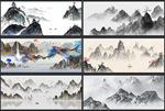 中国风意境水墨山水画装饰背景