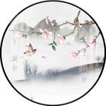 新中式手绘玉兰花鸟圆形装饰画图