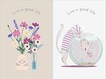 抽象动物小猫花瓶儿童房装饰画