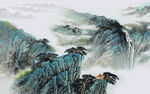中式山水水墨画松树背景素材云海