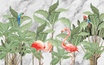 清新雨林植物动物火烈鸟背景墙