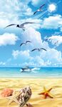 蓝天白云沙滩海鸥