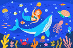 卡通美人鱼海底世界鲸鱼珊瑚背景