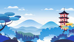 矢量國風山水寺廟松樹插畫