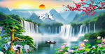 迎客松瀑布山水畫壁畫