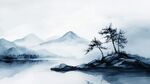 水墨山水間孤樹靜立之景