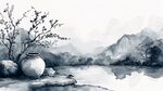 水墨山水間的陶罐與春景