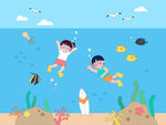 兒童暑假旅行海邊潛水看魚(yú)群珊瑚
