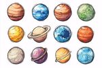 手繪多彩太陽系行星集合