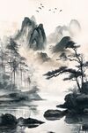水墨山水間 飛鳥(niǎo)伴松影