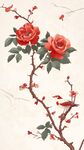 中式花卉圖 紅玫與飛鳥