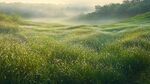 晨霧中的翠綠原野
