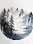 水墨山水間孤舟意境圖