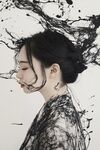 水墨紛飛中的東方優(yōu)雅女子