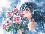 藍發(fā)少女輕嗅粉色玫瑰