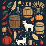 田園風(fēng)酒桶蔬果貓咪插畫