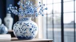 青花瓷瓶插滿藍(lán)花靜物