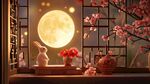 月夜窗景 玉兔繁花映圓月