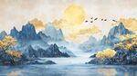 金秋山水間飛鳥(niǎo)伴日?qǐng)D