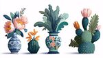 中式花瓶與多肉花卉插畫