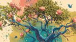 夢幻藍樹繁花飛鳥插畫
