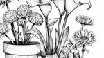 黑白花卉盆栽線描圖