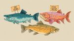 彩色手繪三文魚與鱒魚