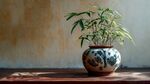 青花瓷盆中翠綠竹子