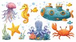 海底動(dòng)物與潛水艇插畫