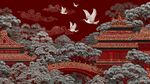 中式紅墻古景飛鳥圖