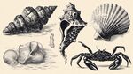 海洋生物貝殼與螃蟹素描