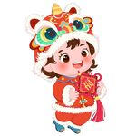 春節(jié)戴舞獅帽拿福字中國結(jié)小女孩