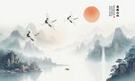 中式意境水墨山水仙鶴圖背景