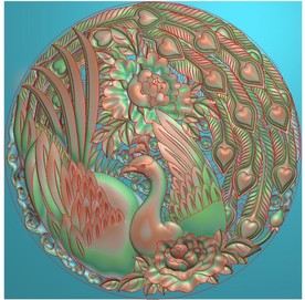 圆形孔雀牡丹花挂件精雕图浮雕图