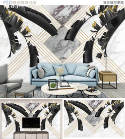 3D黑金热带植物大理石背景墙