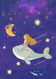 夢幻星空下女孩與鯨魚