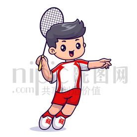 可愛(ài)卡通小男孩打羽毛球