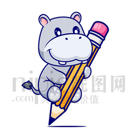 可爱卡通河马趴在铅笔上