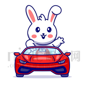 可愛卡通坐小汽車的小白兔
