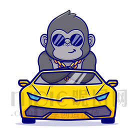 可愛卡通坐小汽車的大猩猩