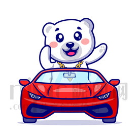 可愛卡通坐小汽車的北極熊