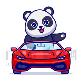 可爱卡通坐小汽车的大熊猫