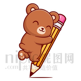 可愛卡通小灰熊趴在鉛筆上