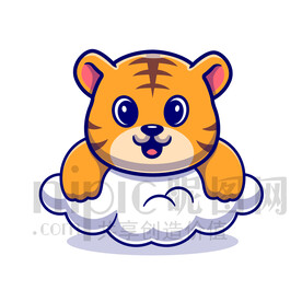 可爱卡通趴在云朵上的小老虎