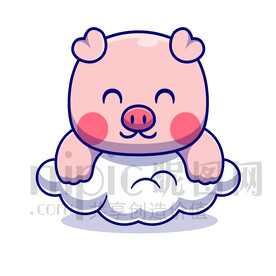 可爱卡通趴在云朵上的小猪