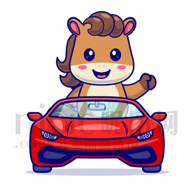 可愛卡通坐汽車的馬