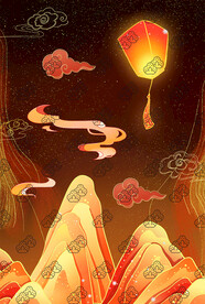 國風(fēng)古風(fēng)國潮祥云山水孔明燈壁紙